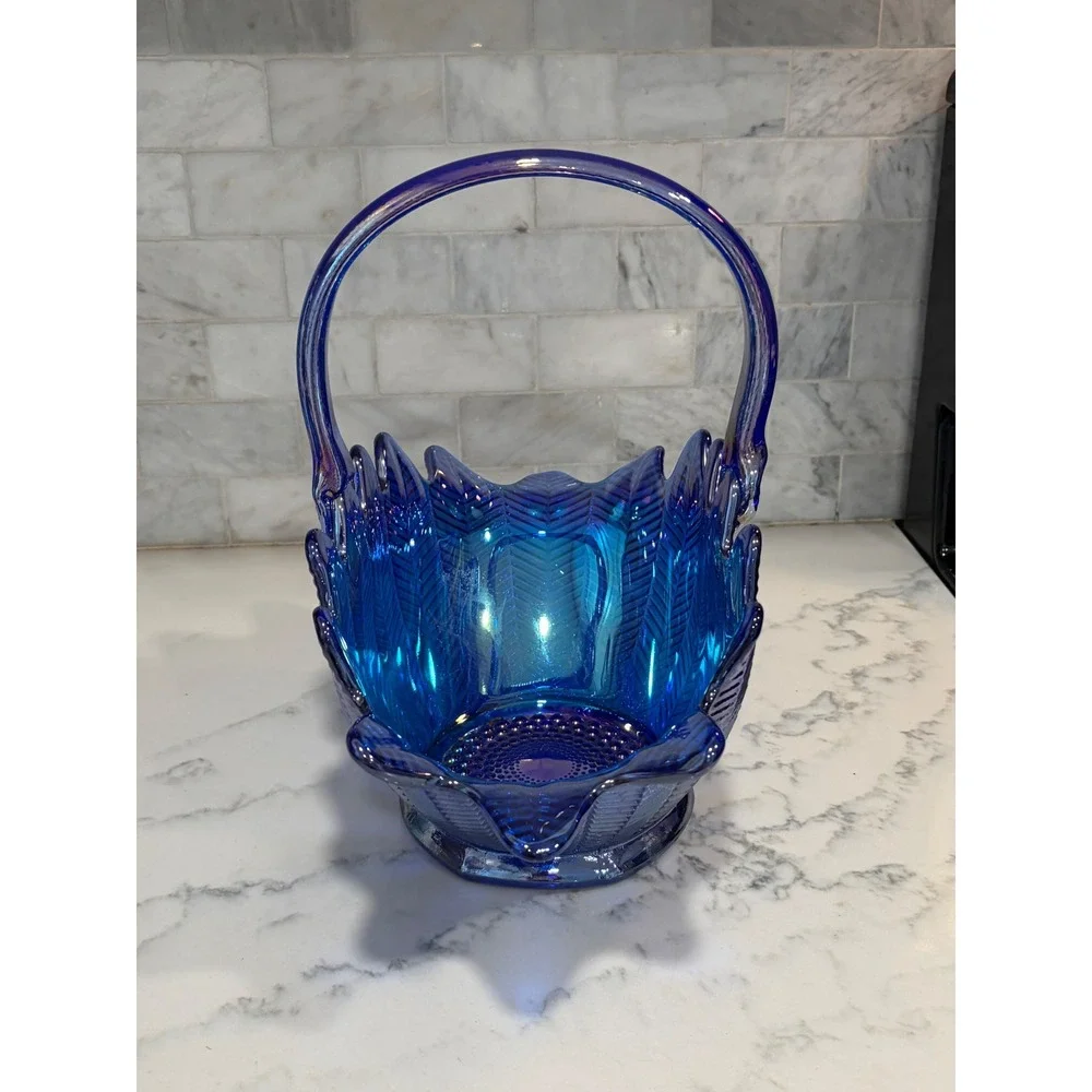 Vintage Cobalt Blue Carnival Glass Basket Iridescent Herringbone Pattern Decor